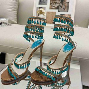 Rene caovilla Araña Joyas con adornos de cristal Sandalias de cuero Tacones de aguja Zapatos de tacón para mujer Diseñadores de lujo Tobillo Envolvente fábrica de zapatos footH
