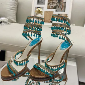Rene Caovilla Lustre Sandales ornées de cristaux et de bijoux Talons aiguilles en cuir Chaussures à talons pour femmes Designers de luxe Cheville Wraparound Chaussures d'usine de chaussures