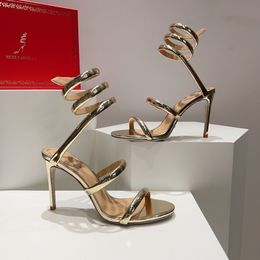 Rene Caovilla Cleo 95 sandales à finition métallisée talons aiguilles en cuir chaussures de soirée femmes à talons hauts créateurs de luxe cheville Wraparound chaussures d'usine de chaussures