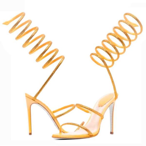 RENE CAOVILLA Cleo sandales à bout ouvert cristal orné de spirale enroulée autour de la sandale twining strass sandale femmes arc-en-ciel talons aiguilles chaussures 35--42 ABBB OXOOOO