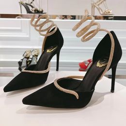 Rene Caovilla Cleo Pump LN Gamuza negra con serpiente de cristal 100 mm Mujer 41 Moda Punta puntiaguda Tacón de aguja Zapatos de noche Serpiente Strass Zapatos de vestir de diseñador de lujo