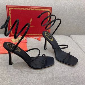 Rene caovilla Cleo stiletto sandalen met strass-steentjes 95 mm vierkante kop Snake Strass enkelomhullende dames hoge hakken luxe met doos