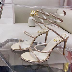 Rene Caovilla Cleo sandalen met stilettohak voor damesschoen Crystal bezaaid Snake Strass-schoenen Luxe ontwerpers Ankle Wraparound 9,5 cm sandaal met hoge hakken 35-43