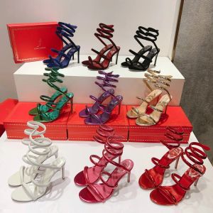 Rene caovilla Cleo fluwelen sandalen met metallic afwerking 95 naaldhakken Avondfeestschoenen dames hoge hakken Luxe ontwerpers Enkelwikkelschoenen fabriek Schoen
