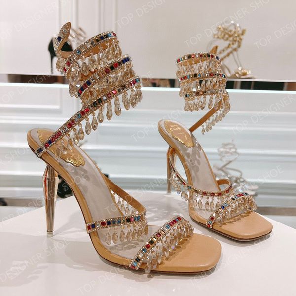 Rene Caovilla Crystal Chandelier Sandales à talons hauts Femmes Style féerique Luxe Diamant Serpentine Enveloppé Talons hauts romains 10cm Designer Banquet Robe Chaussures0