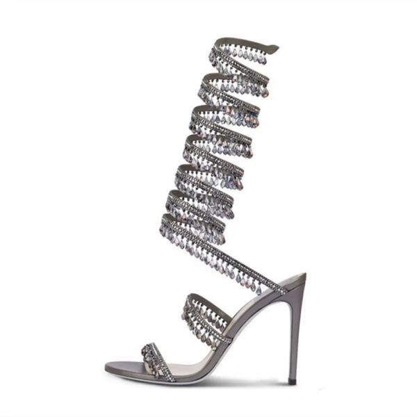Rene Caovilla Sandales lustre en cristal Wraparound sur le genou haut talons aiguilles sandale chaussures de soirée femmes à talons hauts chaussures de créateurs de luxe avec boîte