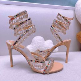Rene Caovilla Crystal Embellido Tacones de diamantes Sandalias Sandalias Snake Stiletto Heels Womens High Heeled Luxury Dress Shoes Wraparound Evening Zapatos
