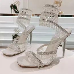 Rene Caovilla Sandalias de tacón alto de cristal Zapatos de vestir de tobillo envueltos en serpiente de moda 2024 Nuevos zapatos de boda blancos Zapatos de diseñador de lujo