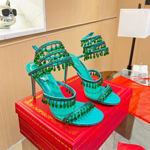 Rene Caovilla Sandalia de cristal Diseñador de tacón alto Mujer Estilo de hadas Diamante de lujo Serpentina envuelta Stiletto romano 10 cm Zapatos de vestir de banquete de verano