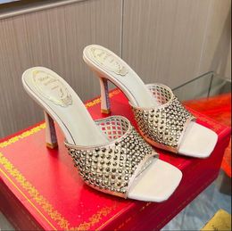 Rene Caovilla Pantoufles en cristal strass mules à bout ouvert sandales talons diapositives glisser sur chaussures à talons aiguilles femmes de luxe designer femmes pantoufles à talons boîte de 9,5 cm