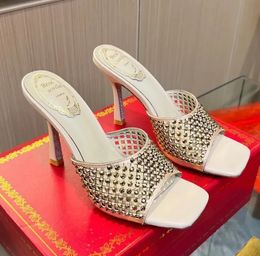René Caovilla Crystal Slippers Righestones Mules Open-Toe Slides Sandales Talons Slip sur le talon Femme Designer de luxe en cuir Sole extérieure