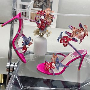 René Caovilla Designers High Renee Sandals Serpentine Fuchsia Shoed à talons 95 cm Décoration de fleur Stiletto Heel Femmes Rome Sandale