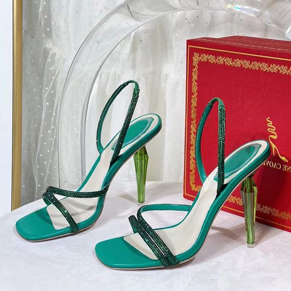 Rene Caovilla Diamond Crystal Emerald Green Sandal 105mm Diseñador de lujo dama con incrustaciones de cristal correa del dedo del pie Stiletto Heel Rhinestone Party Zapatos de noche