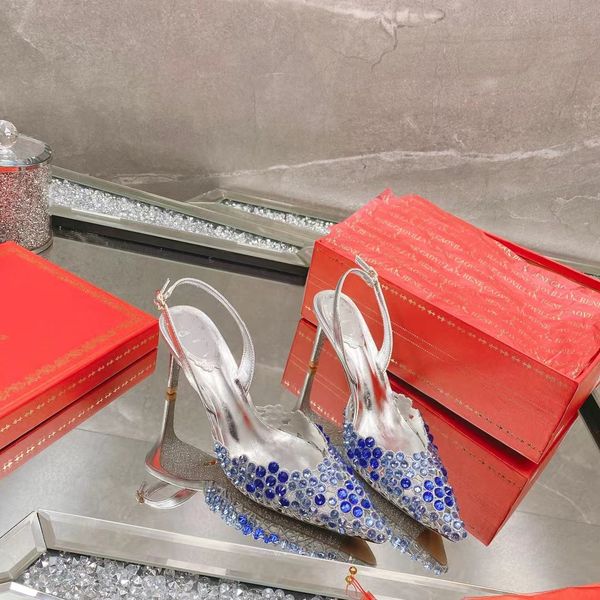 Rene Caovilla Moda Volver Zapatos de vestir vacíos Tejido Ahueca hacia fuera Decoración de cristal Sandalias de diseñador de lujo 7.5 CM Tacón alto Mujer Toe Wrap Slingbacks Zapato de boda