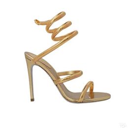 Rene Caovilla Golden Sandalen Strijnvestiging verfraaide metalen cortex Snake Strass Stiletto Heel Sandalen avondschoenen Luxe ontwerpers Ankle Wraparound H