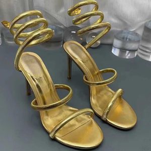 Rene caovilla Sandalias doradas Pedrería adornada Corteza metálica Serpiente Strass stiletto Sandalias de tacón Zapatos de noche Diseñadores de lujo Zapato cruzado H3G