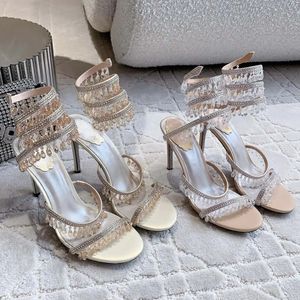 Rene Caovilla Heel Candelier de cristal Sandalias de tacón alto 95 mm Diamante de lujo Serpentina Romana Romana High Heels Diseñador plateado Diseñador Banquete zapatos