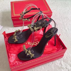 Rene Caovilla hakken dames strikje naaldhak sandaal echt leer Cleo kristal ingelegde gesp decoratie enkel feest avond schoenen luxe designer schoenen