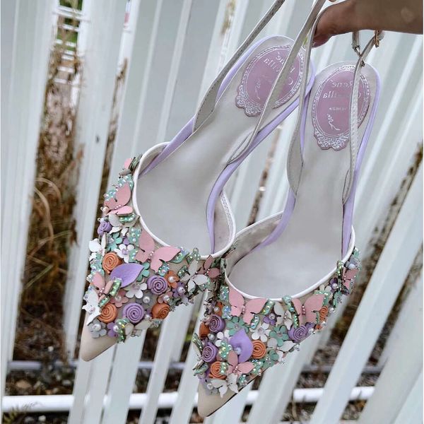 René Caovilla High Heel Designer Sandales 9,5 cm Talons Femmes Chaussures robes Butterfly Fleur Snake Emballé Pieds Anneaux Summer Open Toe Pearl 2024