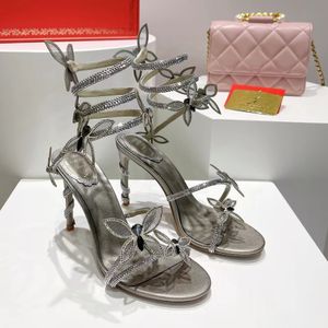 Rene Caovilla Hoge Hak Sandalen Mode Strass Decoratie Luxe designer schoenen 9,5 cm hakken Dames Satijnen Slang Verpakt Vlinder Bloem Open Teen Trouwschoenen