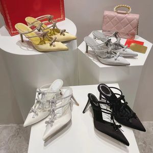 Rene Caovilla Hoge Hak Sandalen Vrouwen Puntschoen Satijn Fijn Lint Strass Boog 7.5CM naaldhakken Jurk schoenen Mode Terug Lege Party Bruiloft Designer Schoenen