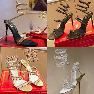René Caovilla High Talons Cleo Luxury Designer Luxury Hingestone Ankle Wraparound Heel Sandales Silk Crystal Pendant Pumps Femmes Femmes Gold Gem Stone