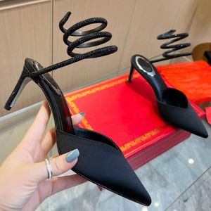 Rene Caovilla Hoge Hakken Sandaal Designer Jurk Schoenen Vrouwen Satijn Snake Wrapped Toe Tip Casual Party Water Diamant Decoratie Mode naaldhak Sandalen