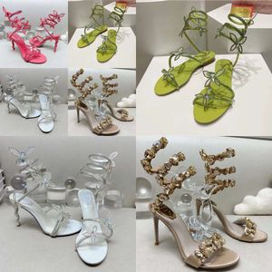René Caovilla High Heels Sandals Designer Femmes Dress Chaussures Chaussures 9,5 cm Serpentin Wraparound Crystal Bow Fashion Food Stiletto Heel Wedding Shoe Original Quality