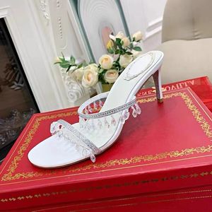 Rene caovilla haute qualité Designers Sandales 100% cuir nouvelles femmes sandale été Cristal pendentif robe de mariée chaussures Talons sexy Diapositives semelle véritable pantoufles 35-41