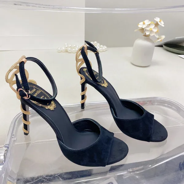 Rene caovilla Margot adornado sandalias de gamuza Snake Strass stiletto Heel Zapatos de noche para mujer con tacón Diseñador de lujo Tobillo Wraparound calzado de fábrica