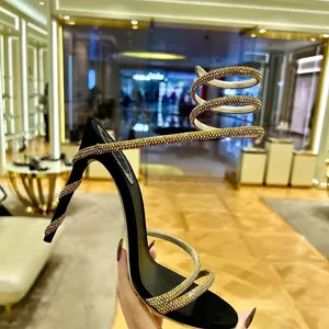 Rene Caovilla sandales en cristal mince talon haut en daim chaussures de dîner de mode designer de luxe chaussures pour femmes en cuir cheville dentelle mode chaussure d'usine de haute qualité