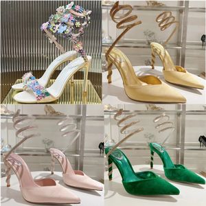 Rene Caovilla NIEUWE HOOG HOEL SANDALS Mode Hoge Heel Luxe Designer Sandaal Peen Toe Snake Wrapped enkel met waterdiamanten Decoratie Party -jurkschoenen