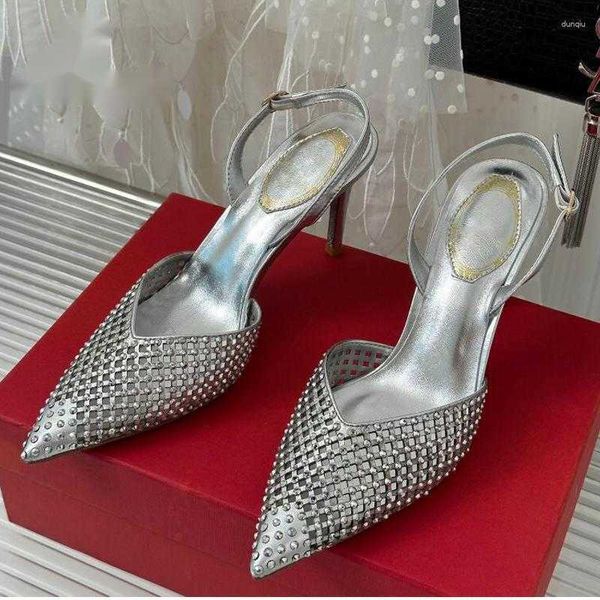 Rene Caovilla Sandalias sexis con punta en pico y diamantes de imitación recortados para mujer, zapatos de sandalias de cuero Real, exquisito zapato individual para fiesta y boda