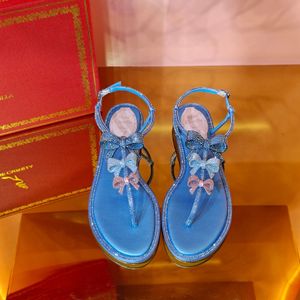 Rene Caovilla Rhinestone Crystal Satin Sandalen Flat Heels Round Toe Dames Luxe ontwerpers Leer Sole Leer Soly Casual Shoes Factory Schoeisel Maat 35-43