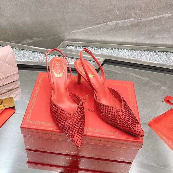 Rene Caovilla Decoración de diamantes de imitación zapato de vestir ahueca hacia fuera los zapatos de noche bombas dedos en punta sandalias de tacón de aguja Diseñadores de lujo zapatos altos calzado de fábrica