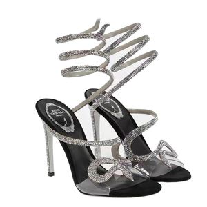 Rene caovilla strass Margot verfraaide PVC sandalen Snake Strass stiletto Hakken dames hoge hakken Luxe ontwerpers Enkelwikkel Avondschoenen Met doos