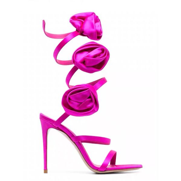 Rene Caovilla Sandales ornées de fleurs roses Satin Serpent Strass Talons aiguilles Femmes de créateurs à talons hauts Chaussures de soirée enveloppantes à la cheville women shoes heels