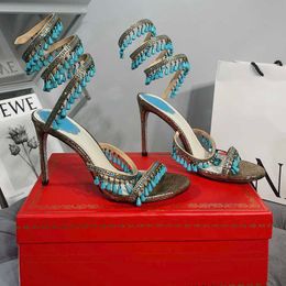 René Caovilla Sandal Chaussures Twining Womens Sandals Luxury Designer Crystal Lamp Pendant Ringue Pied Ronge Haule à talons étroits Talage 10cm Talon 37VT