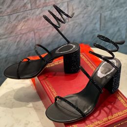 Rene Caovilla Sandals 7,5 cm dikke hielslang gewikkeld enkel met strass Decoratie Luxe designer schoenen Dermis vrouwen hoge hakken slank sandaal