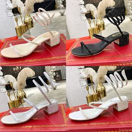 Rene Caovilla Sandalen Designer Sandalen Rhinestone Silk Block Heel Sandalen beroemde Designer Dames Zomer feestschoenen Dress Shoes Leer Sole Eu34-42