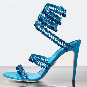 Strass Snake Strass stiletto sandalen Rene Caovilla Cleo 95mm Jewel Kroonluchter Avondschoenen dames hoge hakken Enkel Wraparound luxe ontwerper fabriek