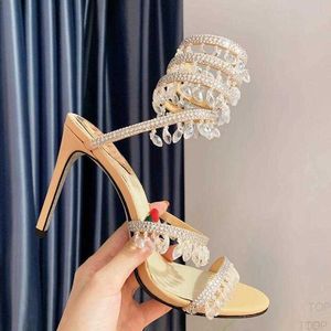 Rene Caovilla Sandalen Twining Damesschoenen Sandaal Luxe ontwerper Crystal Lamp Pendant Rhinestone Foot Ring Hoge hakken Smalige band 10 cm Heel Factory Footh3gd