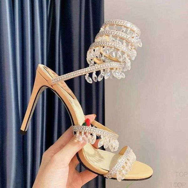 Rene caovilla Sandales Twining Femmes Chaussures Sandale De Luxe Designer Cristal Lampe Pendentif Strass Anneau De Pied À Talons Hauts Bande Étroite 10Cm Talon usine footH3GD