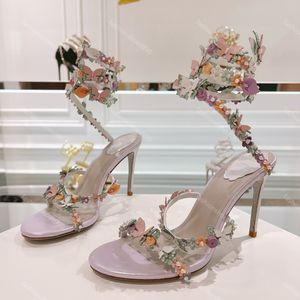 Rene Caovilla Sandales avec bouquet de fleurs Designer Chaussures habillées pour femmes Talons aiguilles de 105 mm Pieds enveloppés de serpent Talon haut Slingbacks de soirée 35-43 Chaussures d'usine