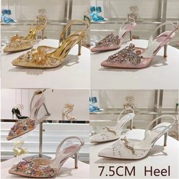 Sandalias Rene Caovilla para mujer, zapatos de diseñador de lujo de tacón alto de 7,5 CM, zapatos de boda de moda con decoración de cristal de malla de encaje para fiesta