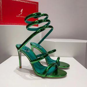 Rene Caovilla Sandalias Mujer 9.5 CM Zapatos de vestir de diseñador de lujo Serpiente Envuelto Tobillo Zapatos de boda con punta abierta Zapato de fiesta de cuero lacado informal