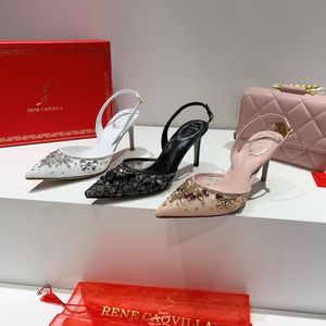 Rene Caovilla Slingback geklede schoenen met puntige neus Strassdecoratie Mesh kanten pumps Dames Feestavondschoenen Luxe stiletto-ontwerpers 35-43 met doos