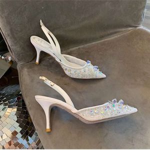 Rene Caovilla Slingbacks zapatos de vestir tacones altos Sandalias de encaje de cristal Diseñador de la moda Mujeres de la boda del dedo del pie puntiagudo 7.5 cm Void de fábrica casual