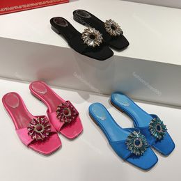 Rene Caovilla Slipper Designer Sandales Diapositives Femmes Chaussures Satin Tournesol Cristal Mocassins Tongs Summer Beach Sandale décontractée de qualité supérieure avec boîte 10A 34-43