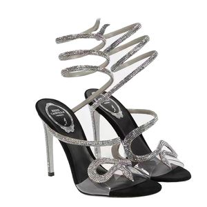 Rene Caovilla Strass Renee Heels Rhinestone Margot Snake Embellido Sandalias PVC Sandalias para mujer Diseñadores de lujo de tacón alto de tobillo Wraparound Evening Zapatos